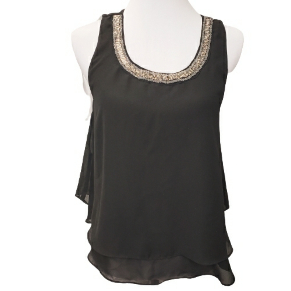 Angie Layered Chiffon Sleeveless Blouse Black Silver Beaded Trim Sz Medium